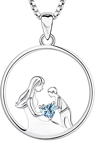 YL Mutter und Sohn Halskette 925 Sterling Silber März Geburtsstein Aquamarin Blau Zirkonia Anhänger Halskette Geschenke für Mama Frauen, 45-48 CM