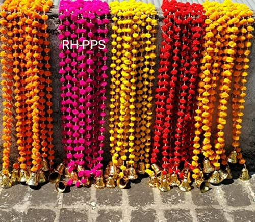 Indische handgefertigte Pompon-Girlande, Glocken, ca. 152 cm, 5 Stück, gemischte Farben, Diwali-Dekor