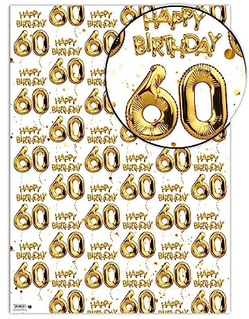 Brainbox Candy - 2 Blätter lustiges Geschenkpapier zum 60. Geburtstag - Weißgold Ballonfolie - 60 Geschenkpapier für Ihn Ihre Männer Frauen 60 Geburtstagsgeschenke - gefaltete Qualitätsschlaf