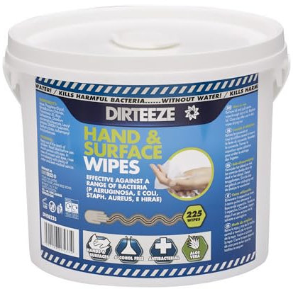 DIRTEEZE Hand & Surface Sanitising Wipes - 225 Sheets Bucket, Fast-Acting, Alcohol-Free, Food Safe, With Aloe Vera