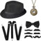20er Jahre Herren Accessoires - 1920s Gatsby Mafia Gangster Kostüm Set Inklusive Panama Hut Elastisch Hosenträger Halsschleife Schnurrbart und Taschenuhr