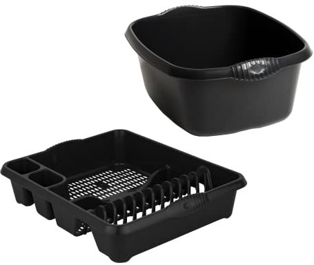 TENLITE Set of 2 Large Rectangular Washing Up Bowl with Large Dish Drainer For Kitchen (Plastic) - Midnight Greyish Or Dark Grey.
