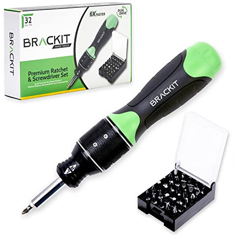 Brackit Premium 2 in 1 Ratchet and Screwdriver with Bits 32 Piece Set– Dual Drive 6 x Faster Than Regular Ones – Handy and Efficient for DIY and Installation Jobs