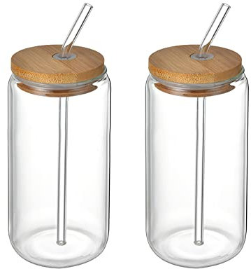 Julyue Bierdosen-Glas mit Bambusdeckel und Strohhalm, 395 ml, wiederverwendbare Glasbecher, Cola-Dose, Glas für Smoothies, Tee, Cola, Saft, Limo, 2 Stück