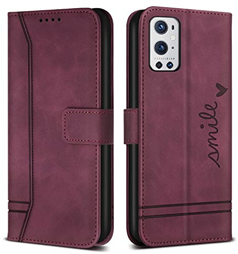 Bravoday Hülle für OnePlus 9 Pro 5G / OnePlus 9 Pro 5G, PU Ledertasche Handyhülle Flip Schutzhülle für OnePlus 9 Pro 5G / OnePlus 9 Pro 5G, mit Kartenfäch & Kickstand, Weinrot