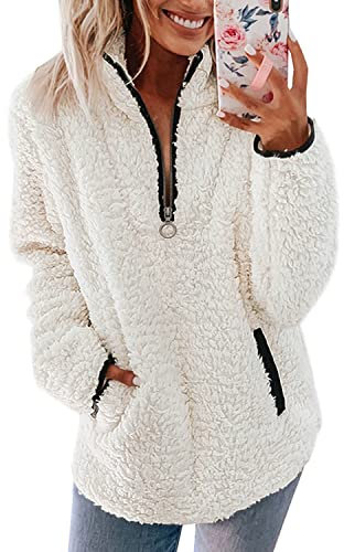 Pullover Damen Fleecepullover Teddyjacke Teddy Flauschiger Teddyfleece Jacke Kuschelpullover Winterjacke Fleecejacke Plüschjacke Kuscheljacke Kapuzenpullover Winter Mit Taschen Top (A Weiß, L)