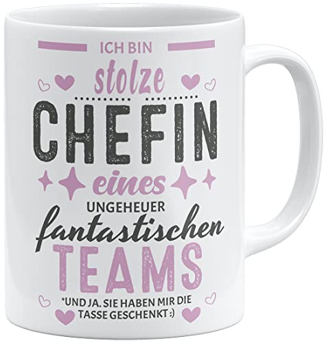 OM3® Ich bin Stolze Chefin eines ungeheuer fantastischen Teams Tasse - Keramik Becher - 11oz 325ml - Beidseitig Bedruckt - Weiss