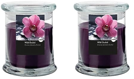 Duftkerze im Glas im 2er-Set - Kerze, Advent, Raumduft - Kein Ruß - Brenndauer: 60 Std. - viele Duftaromen – 9,0 x 11,0 cm (Aubergine - Duft: Wilde Orchidee)