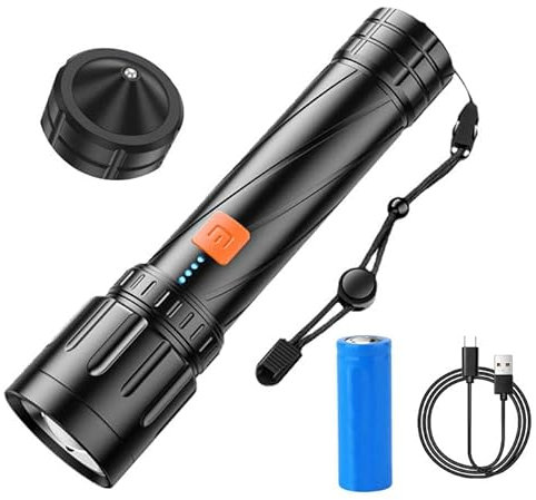iodoo Taschenlampe Led 12000 Lumen, Extrem Hell Taschenlampe USB Aufladbar Taktische Taschenlampen Mit Sicherheitshammer XHP70.2, IP67 Wasserdicht 5 Lichtmodi für Camping Wandern Notfälle, Angeln