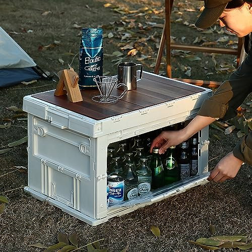 SHIMOYAMA Foldable Camping Box with Wooden Egg Roll Table Board, 75L Storage Box, Picnic Table Storage Bin for Camping Gear, Trunk Organizer for Outdoor, Car, White
