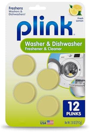 Plink Ambientador y limpiador para lavadora y lavavajillas, evita residuos, elimina olores en electrodomésticos de cocina y lavandería, apto para sépticos, aroma a limón fresco, 3 paquetes de 4, 12