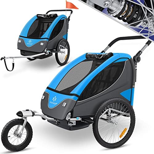 KESSER® Kinderanhänger Fahrradanhänger 360° Drehbar mit Federung 2in1 Joggerfunktion Kinderfahrradanhänger + 5-Punkt Gurt Jogger Fahrrad Anhänger für 1 bis 2 Kinder max. 40kg Inkl. Warnfahne, Blau