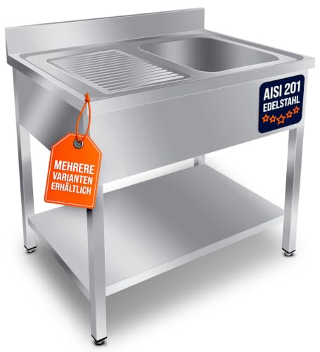 GastroHero Spültisch, Becken rechts, 120x60 cm, Edelstahl SPT-BASIC10X6R | Abtropffläche links, mit Grundboden, 100 mm Aufkantung, 1 Becken, nach Hygiene- und Sicherheitsrichtlinien produziert