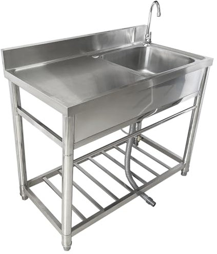 Fregadero utilitario independiente – Fregadero de cocina de acero inoxidable, un solo tazón con tubo de agua fría y caliente