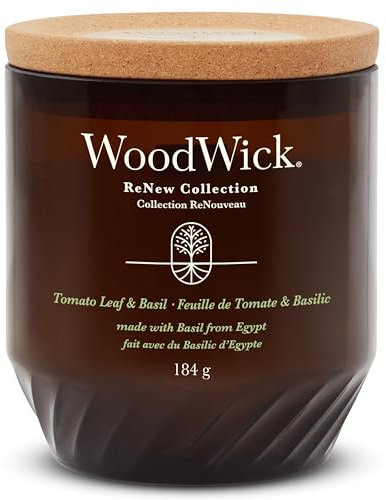 WoodWick Renew Bougie parfumée avec mèche craquelante | Bougie moyenne feuille de tomate et basilic | Mélange de cire de soja et de noix de coco à base de plantes | Fabriquée avec des matériaux