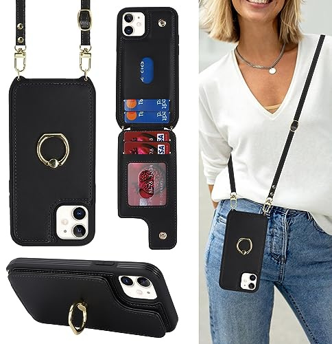 CAVOR HandyHülle kompatibel mit iPhone 12/12 Pro Hülle Mit Band,Flip Leder Geldbörse Karten Hülle,[4 Kartenfach][Mit Ring Ständer],Klapphülle Handytasche - Schwarz