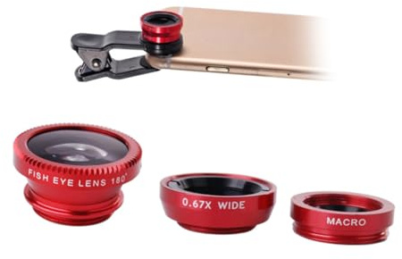 2 Stück 3-in-1 Handyobjektiv für Smartphone mit Clip Rot | Metall, Kunststoff und Glas, Fischaugen-, Weitwinkel und Makroaufsatz, als Universelle Linse