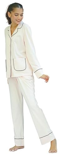 SNOOZE OFF Damen Schlafanzug | 2-Teiliges Pyjama Set | Langarm Oberteil & Lange Hose in hellpink |Schwarze Kontrastpaspelierung | 100% Baumwolle