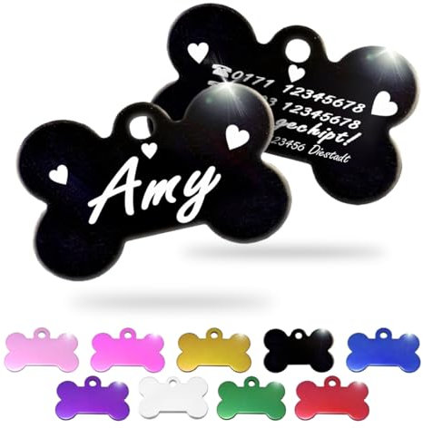 Ibera gifts - Hundemarke mit Gravur und personalisierte Hundemarke in Knochenform für mittelgroße bis große Hunde und Katzen (Schwarz, Herzen)
