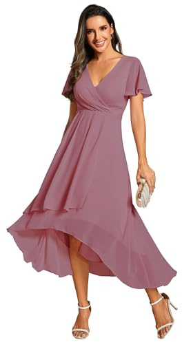 Ever-Pretty Women's Chiffon V-Neck Short Wedding Guest Dress with Ruffled Sleeves Orchid Pink 14UK