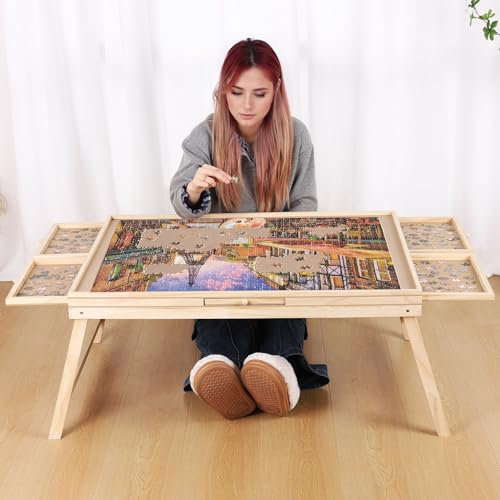 Ruication Jigsaw Puzzle Table Wooden Puzzle Board With Folding Leg 1500 pieces 6 Sliding Drawers Smooth Fiberboard Work Surface For Adults Kids Children Boy Girl Gift