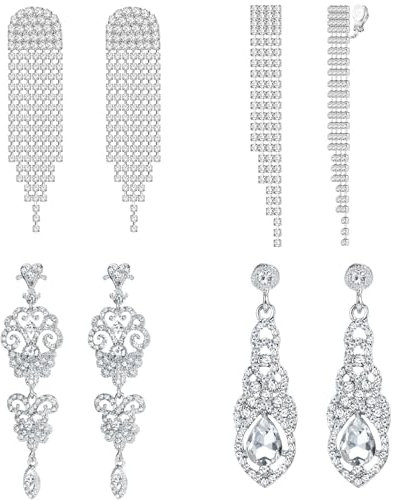 JeweBella 4 Paare Silber Hängend Klipp Ohrringe für Damen Clip On Ohrringe Kristall Strass Hochzeit Braut Teardrop Ohrklipser Lange Quaste Kronleuchter Ohrclips Nicht Piercing Ohrringe Ohrklemme Set