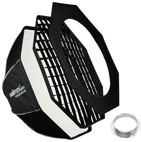 Walimex pro Studio Softbox Octagon 90cm + Softboxadapter für Elinchrom (Außendurchmesser: 15,2 cm), um 360° drehbar, einfacher Aufbau, inkl. Grid, Maske, Bowens Adapter und Transporttasche