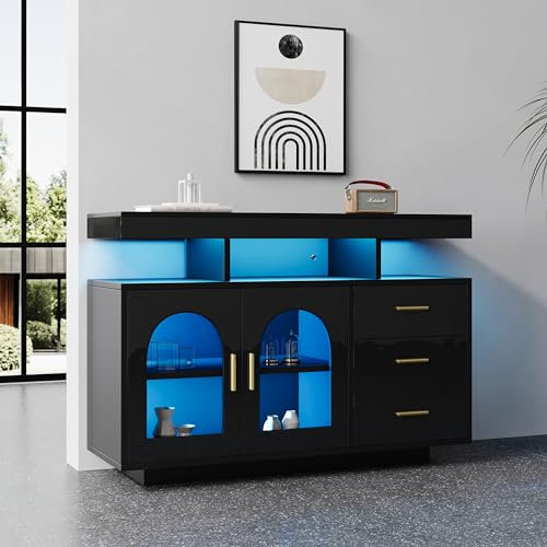 Merax Buffetschrank Sideboard mit LED-Leuchten, Kommode Schrank mit 2 Türen und 3 Schubladen, Modern Beistellschrank Mehrzweckschrank, für Wohnzimmer Esszimmer Flur, Hochglanz-Schwarz, 120x40x80cm