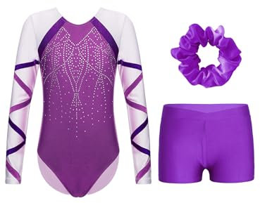 HULIJA Bambina 2 Pezzi Body Ginnastica Artistica Lunghe Manica Leotards con Pantaloncini Completo Set da Danza Classica Tuta da Balletto Classica Viola 5-6 anni