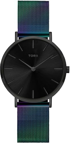 TORII Damenuhr Schwarz Edelstahl - rund Quarz B34MS.BB Milanaise-Armband Strichindizes wasserdicht 50 m