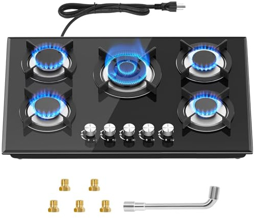 Argyolas 5 Burners Gas Stove 30inch, Built-in Kitchen Gas Stovetop with NG/LPG Conversion Kit, Glass Top Gas Burner (30in x 20.5in)