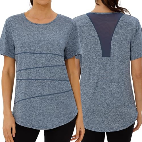 Terecey Sportshirt Damen Locker Fitness Yoga Shirt Kurzarm Funktionsshirt Laufshirt Leichtes Rundhalsausschnitt Wandershirt Frauen Athletisch Kurzarmshirt mit Back Mesh, Navy Blau L