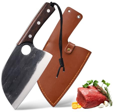 Fubinaty Chef's Knife 7 Inch Finger Hole Kitchen Knives Handmade Forged High Carbon Steel Chopping Knife Full Tang Cooking Knife with Leather Sheath and Wooden Handle