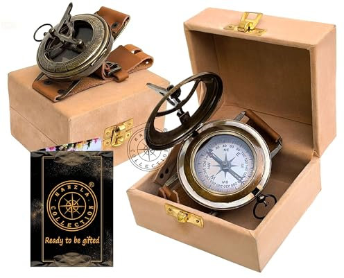 Steampunk Antik-Messing-Sonnenuhr-Kompass, Schiffs-Nachbildung, Sonnenuhr in Samtbox, handgefertigtes Lederband, Handgelenkkompass und nautische Sonnenuhr