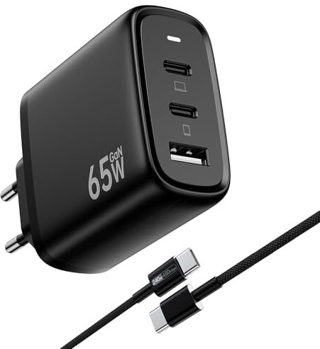 Caricatore USB C 65W 3-Porte GaN III, Caricatore Rapido PPS PD con 1.8M 240W Cavo, Caricabatterie Veloce Compatibile MacBook Pro/Air, Samsung S24/ S23, iPhone 16/15, iPad Pro/Air, Dell XPS, Pixel 8/9