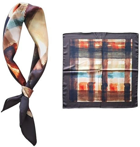 GIMIRO Männer simulierte Seidenschal 53x53cm Polyester-Satin Halstuch mit Abstraktem Muster in Beige-Grau-Koralle (Coffee Orange Yellow Green Plaid)