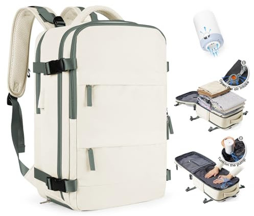 SZLX Vacuum Backpack Carry-on Luggage Women, Airbag Backpack with Vacuum System for Travel, Ryanair Travel Ruscksack Cabin Size with Pump Waterproof Men's Vacuum Suitcase Beige Green