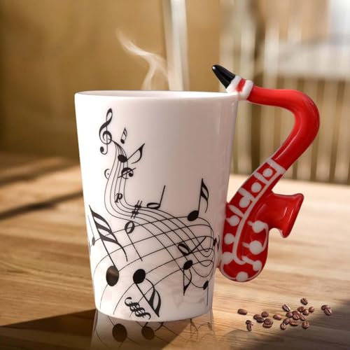 Keramik Kaffeetasse mit E-Gitarre Henkel, Musik Note Bedruckt Teetasse Geschenk Tasse Keramiktasse Kaffeebecher Für Musiklieber Musik Geschenk, 250ml, Rote