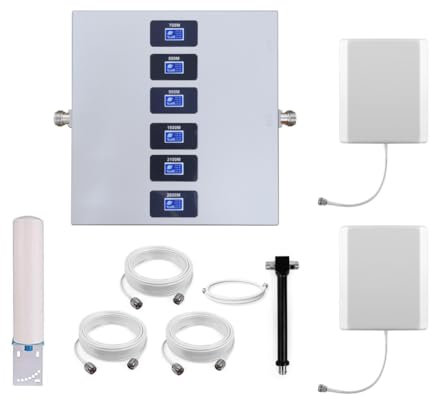 KKBSTR Amplificador Señal Movil 2G/3G/4G/5G, 6 Bandas 700/800/900/1800/2100/2600MHz, Dos Antenas Interiores