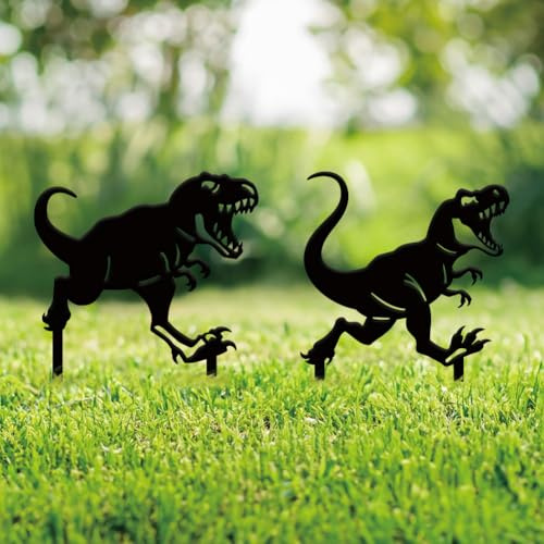 SUPERDANT 2 Stück Tyrannosaurus Rex Metall Gartendekor Dinosaurier Gartenornament Schwarze Silhouette Für Den Außenbereich Jurassic Gartenpfähle Dekorative Metallwandkunst Für Rasen Terrasse Geschenk