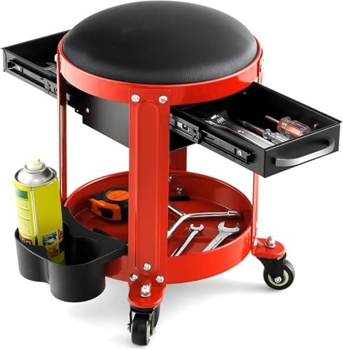 FANTASK rollende Mechanikerhocker, rollenden Arbeitssitz mit 2 Schubladen & Dosenhaltern & Ablage & abnehmbarem Sitz, Rollsitzes, 150 kg belastbar, Rot