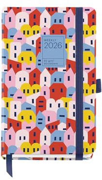 Miquelrius Terminplaner 2026, Wochenansicht, kleines Format (90 x 140 mm), Wochenplaner, fester Kartoneinband, Spiralbindung, Gummibandverschluss, Papier 80 g/m², ES-EN-PT, Houses