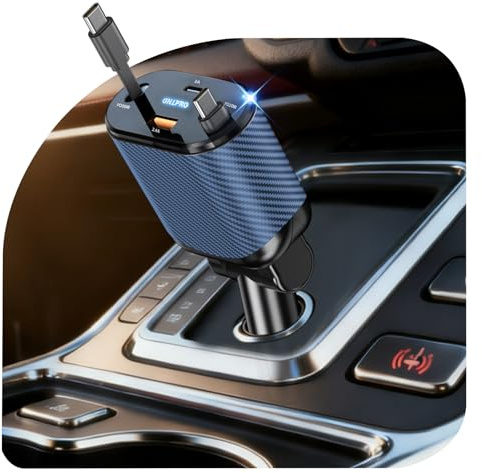 OHLPRO Einziehbares Auto Ladegerät, Autoladegerät Zigarettenanzünder 4 in1, Handy Schnellladegerät Car Charger, Kfz Ladegerät mit 2 Typ-C Kabel Kompatibel mit iPhone 16/15 Series/Galaxy Tab - Blau