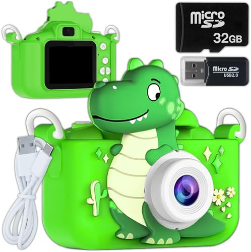 KRUMAD Sofortbildkamera Kinder mit 32GB Speicherkarte - 1080P HD Video - Dino Digitalkamera für Kinder mit 20MP Dualobjektiv & Silikonhülle - Mini Kamera Geschenk für Jungen & Mädchen
