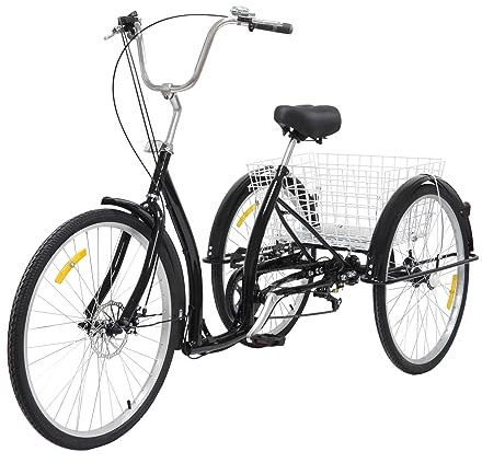 MccoMMon 26 Zoll 6-Gang Erwachsene Dreirad, Seniorenrad,Shopping Transport mit Körbe,Schwarz 3 Räder Fahrrad,120kg Tragfähigkeit für Städte Radwege