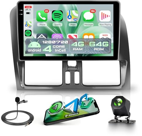 4G+64G Android Autoradio für Volvo XC60 2008-2013 mit Wireless Carplay Android Auto GPS Navi 5G WiFi, 9 Zoll Incell Touchscreen Autoradio mit Mirror Link Bluetooth FM/RDS EQ/USB/SWC Rückfahrkamera