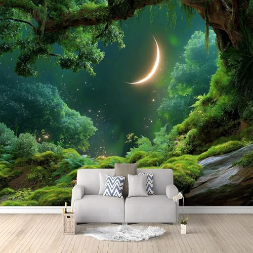 Art Murals Fototapete Schlafzimmer - Fantasie Wald Mond Moos Wandtapete Aufkleber für Wohnzimmer Küche, Olivgrün 3D Tapete Mural Kinderzimmer TV Hintergrund Wandtapete, 350 x 256 cm