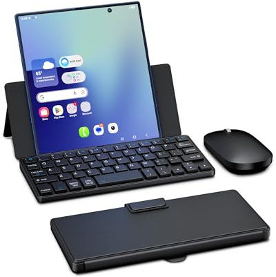 Aswwid Ultra-Compact Keyboard & Mouse for Samsung Galaxy Z Fold 7/6/5/4, Portable Mini Wireless Keyboard for Travel, Dual-Bluetooth Channel & Adjustable Kickstand & Leather Cover Case