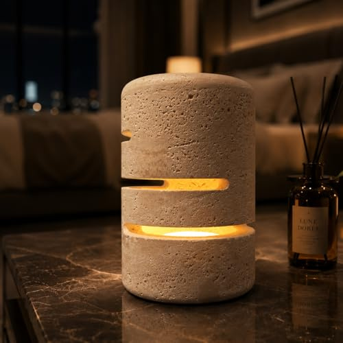 Marmor Nachttischlampe Dimmbar aus Travertin,Wiederaufladbare LED Tischleuchte,Steinlampe Rechargeable Lamp, Ambiente Lampe