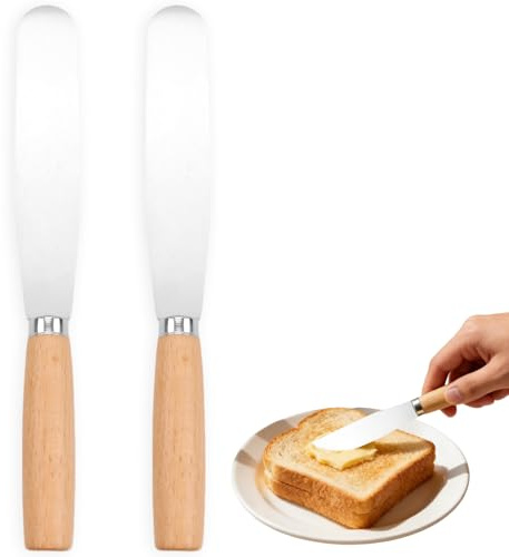 LUVDECO 2Pcs Butter Knife Stainless Steel Spreader with Wood Handle for Smooth Spreading on Toast Sandwich Pastry and Cakes Pallet Knife Metal Spatula